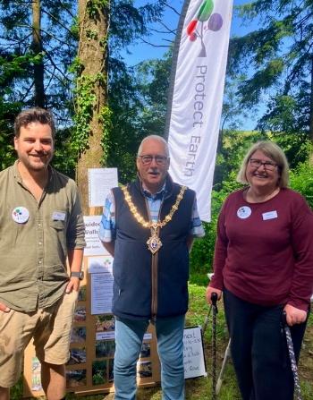 Phil and Kathy with Liskeard mayor Cllr David Braithwaite at the High Wood Summer Fair.